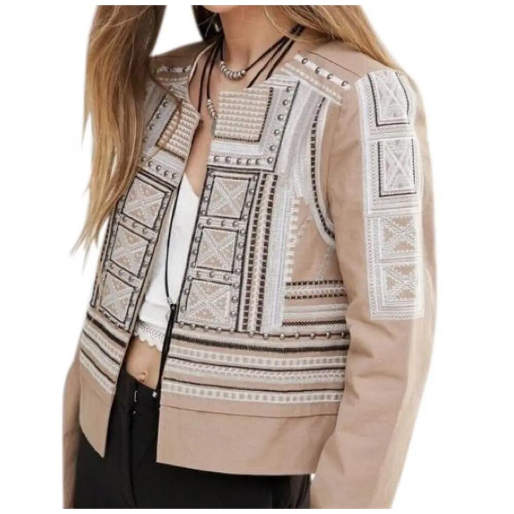 048 Moon River Embroidered Beige Jacket Small Boho Cropped‎ Cotton $120 MSRP